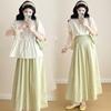 2026 Stylish & Chic Apricot Doll Blouse with Round Neck + Fresh Green Midi Skirt
