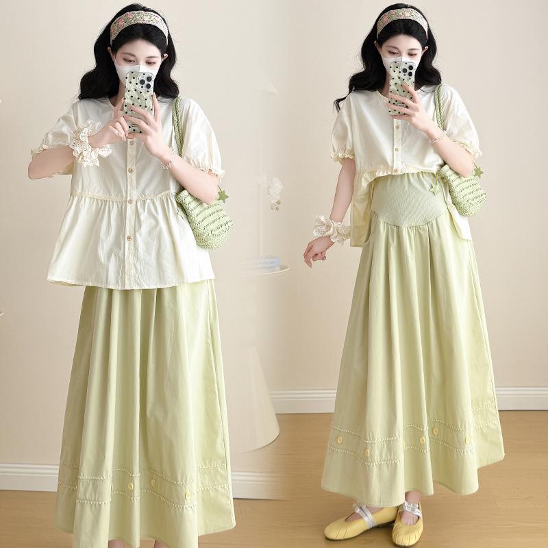 2026 Stylish & Chic Apricot Doll Blouse with Round Neck + Fresh Green Midi Skirt
