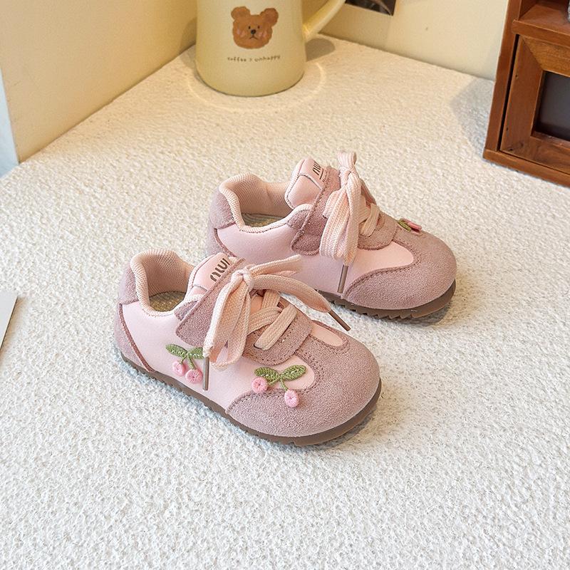 Girls' Spring/Autumn 2025 Cherry Embroidered Sneakers - Soft, Non-slip Casual Shoes