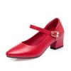 Genuine Leather Lady Pumps Pointed Toe Office Lady Pumps Buckle Strap Shallow Mouth High Heels Thick Heel Wedding Women Shoes