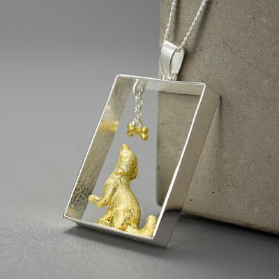 Lotus Fun Real Plata de Ley 925 Perro Dachshund y Hueso Forma Rectangular Colgante Cadenas y Collar de Joyería para Mujeres