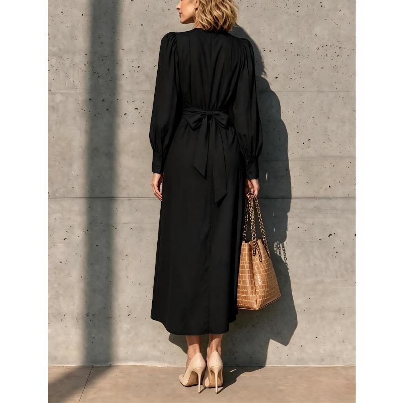 Women S V Neck Long Sleeve Wrap Tie Waist Long Dress