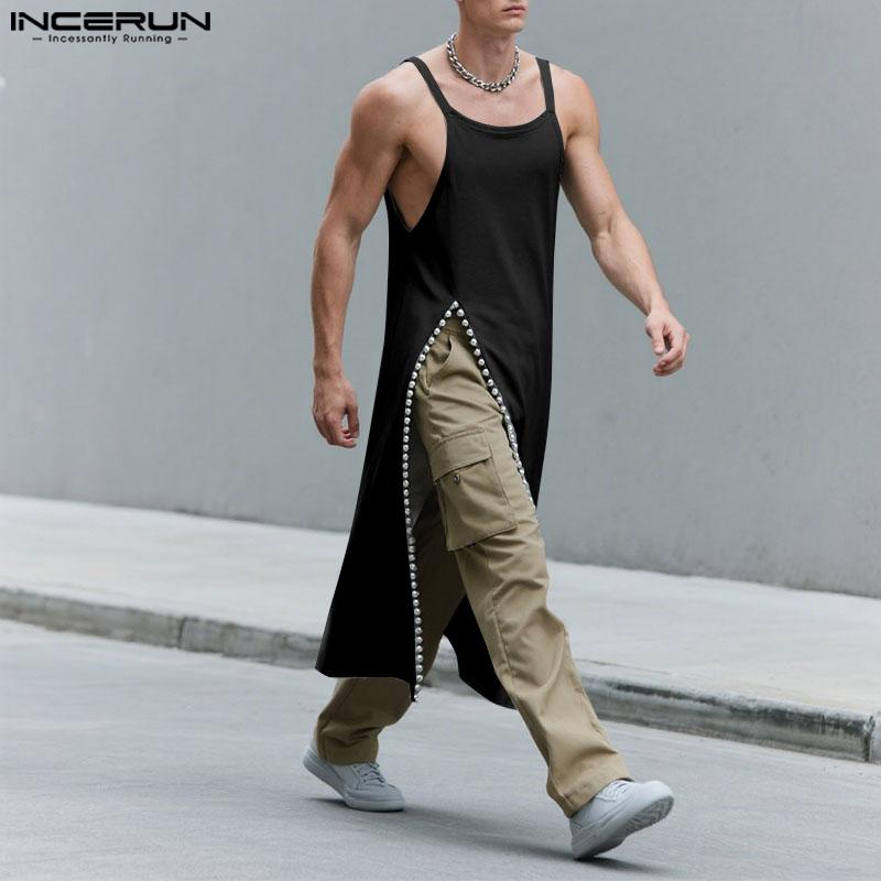 INCERUN Men Strap Sleeveless Beading Splits Long Tunic Tank Tops
