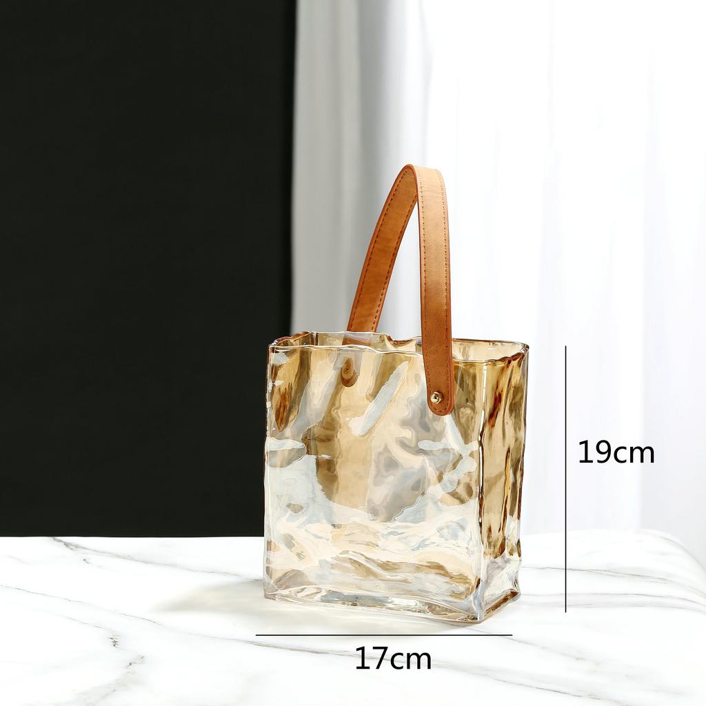 Glass Vase Transparent Tote Bag Shape Wrinkled Irregular Texture Flower Vase Hydroponics Accessories Terrarium Home Decoration