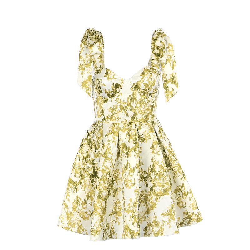 Summer 2025 Sexy A-Line Lace-up Print Dress - Vacation Style, Slimming Fit for Women
