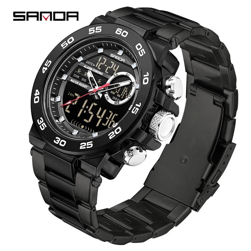 

SANDA Fashionable Waterproof Men s Electronic Watch Sports Multifunctional Large Dial Three Pin Double Display Men s Wrist watc чорний