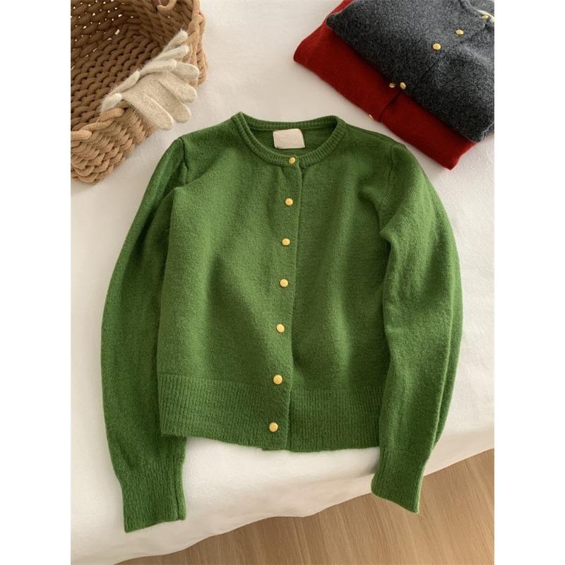 White raspberry powder small gold button knitted cardigan women's autumn and winter soft waxy thickened warm crew neck sweater jacket