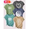 Lele Orientation Five-piece set for beautiful women T Shirt Mandala Lotus Yin-Yang Floral Heart Butterfly French Message Vintage Print Summer Casual