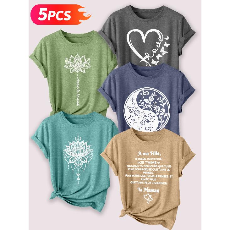 Lele Orientation Five-piece set for beautiful women T Shirt Mandala Lotus Yin-Yang Floral Heart Butterfly French Message Vintage Print Summer Casual