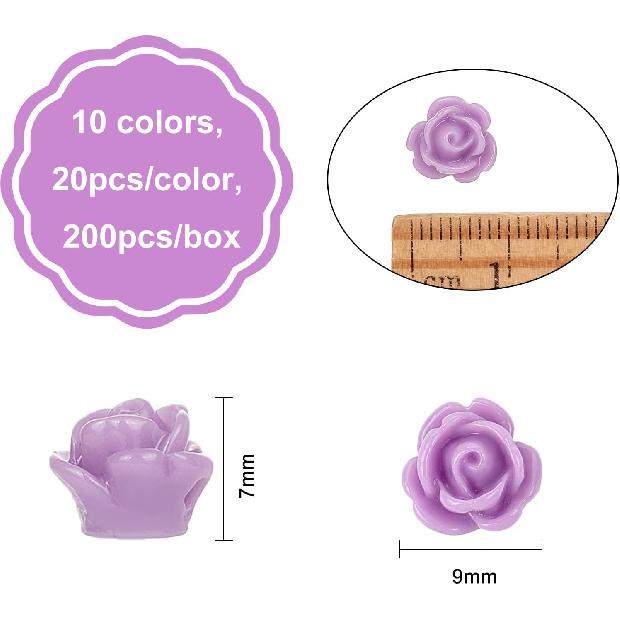 SUNNYCLUE 1 Box 200Pcs 10 Colors Rose Flower Resin Beads Flat Back Cabochons Embellishment Floral Rose Loose Beads for DIY Jewelry Necklace Bracelet