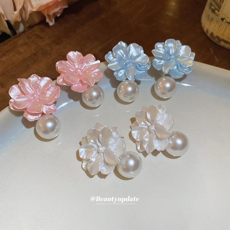 Silver Needle Resin Flower Pearl Pendant Earrings Small Fresh Light Luxury Premium Earrings Sweet Design Earrings Women