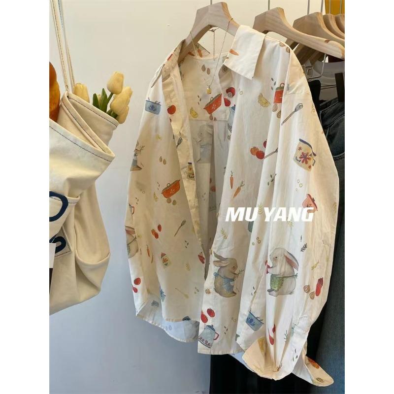 

Women s White Cartoon Print Oversized Shirt Collared Long-Sleeve Casual Blouse L бежевий