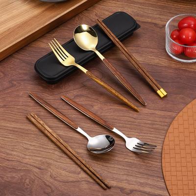 Імітація деревини з нержавіючої сталі Ложка Виделка Палички для їжі Зручний посуд Курячі крильця Дерев’яні палички для їжі Ручка Портативний набір із трьох частин