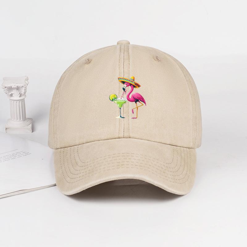 Flamingo Straw Hat Cocktail Print Washed Baseball Cap Playful Tropical Retro Style Beach Getaway, Daily Commute, Holiday Gift