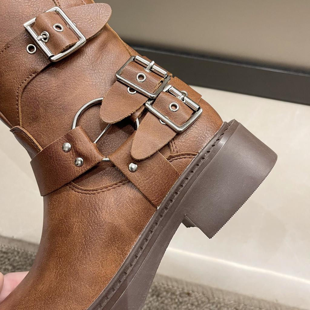 Brune Western Cowboy Støvletter Dame Men Knee Støvletter Metall Belte Spenne Tykk Hæl Plattform Høye Ridestøvler Enkeltstøvletter