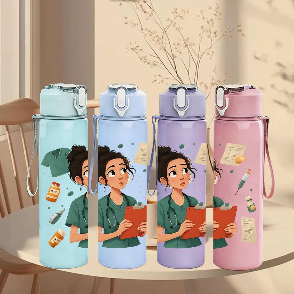 1PC Girl Reading Book Art Print 750ml Color Plastic Sports Water Bottle Leakproof Flip Straw Lid Suitable for Sports Office Home Use