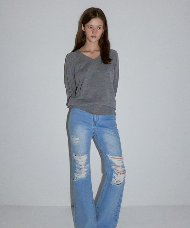 RONRON Cozy Loose Fit V Neck Knit Melange Gray
