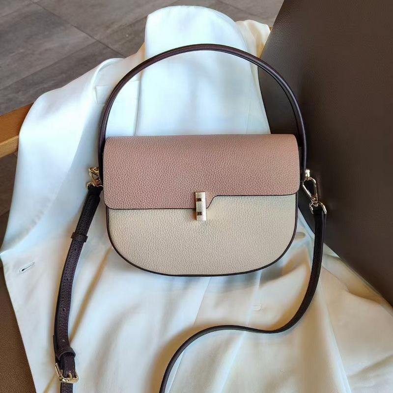 New genuine leather women's bag, top-grain cowhide color-block saddle bag, textured, versatile, niche, single-shoulder, crossbody, underarm bag