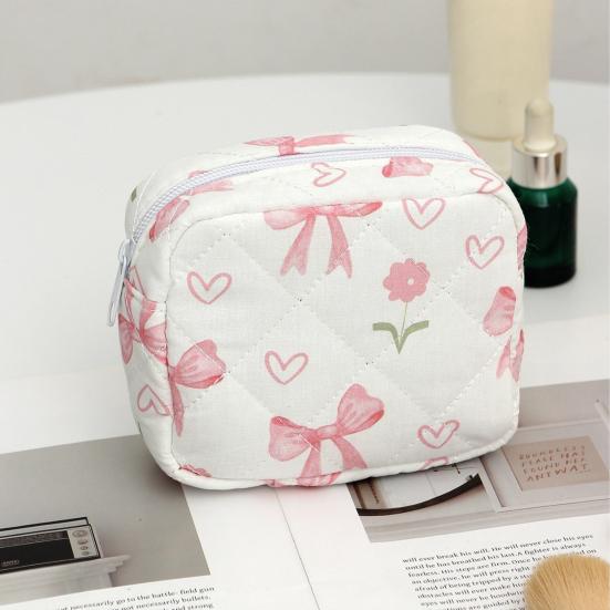 Cute Small Makeup Pouch Bow/Floral Quilted Cosmetic Organizer for Travel Daily Puffy Cotton Toiletry Pencil Purse with Zipper for Women Girls