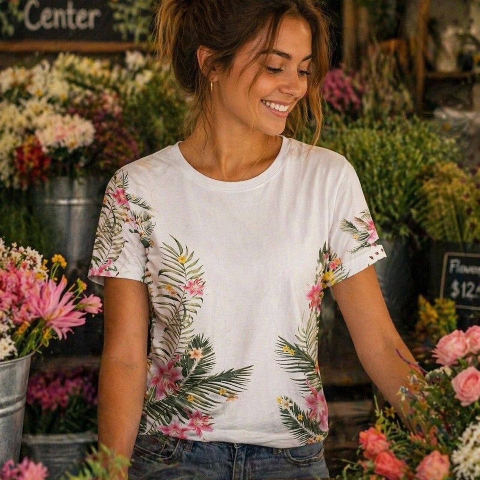 Threadbare T-Shirt Womens XL White Tropical Floral Print Crew Neck Short XL