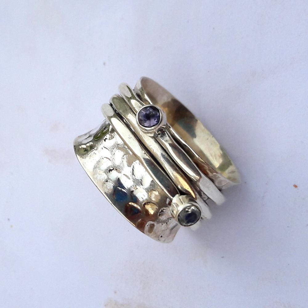 Mondstein & Amethyst Silber Spinnring, Herz Spinner Ring, 925 Sterling Silber Ring, gehämmerter Ring, Angstring, Sorgen-Fidget-Ring, Geschenk für Sie