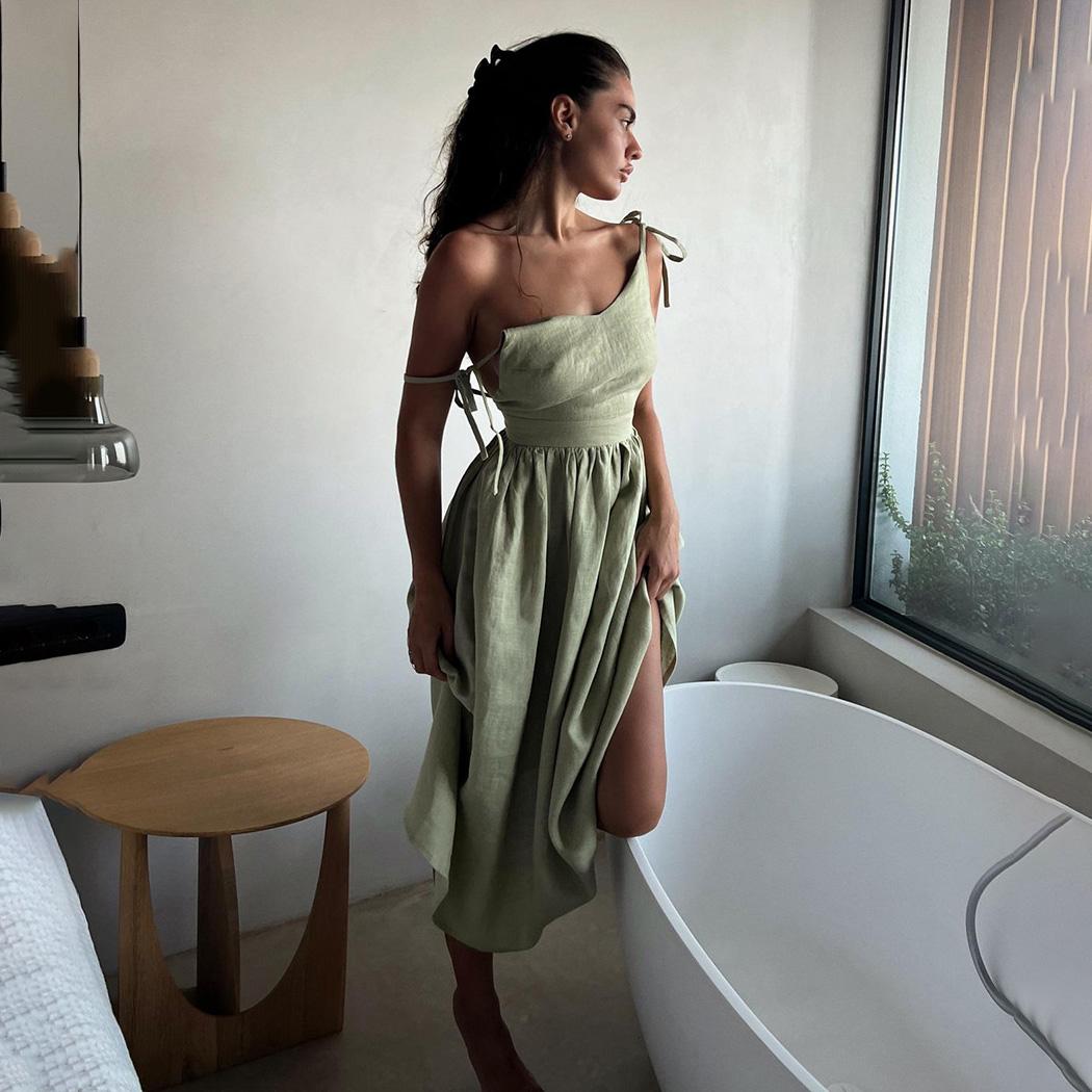 

Женское однотонное платье без рукавов длиной до щиколотки с v-образным вырезом и высокой талией S зелёный