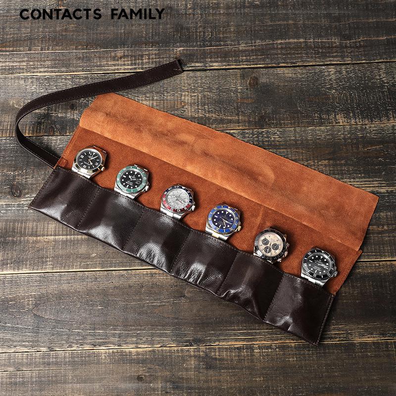 Oil Wax Cowhide Six-Watch Tie-Up Leather Travel Pouch