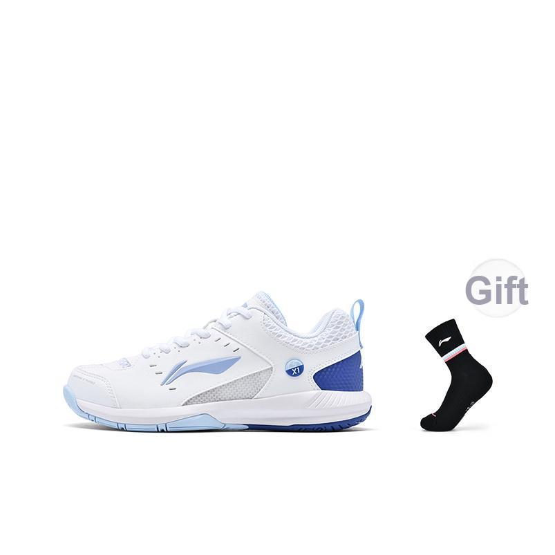 New LiNing Feather Slip Resistant, Abrasion Resistant, Waterproof Low Top Badminton Shoes Unisex White Blue AYTU049-3