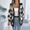 Women's Color-blocked Plaid Long-sleeved Cardigan Sweater Mid-length Coat