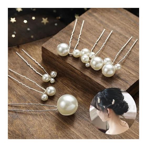 12pcs Pearl Hair Pins for Women, U-Shaped Bridal Hair Accessories for Wedding, Graduation, Anniversary, Photo Shoots - Bronze Color, Faux Pearl,