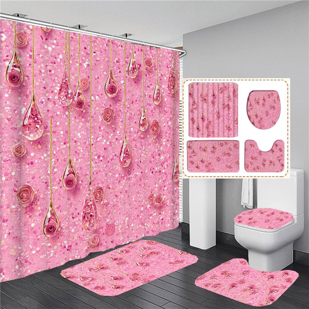 

Sparkling Golden Red Shower Curtain Set With Non-Slip Rugs Toilet Lid Cover And Bath Mat Glitter Shower Curtain Bathroom Decor W60H190(CM)-1 Pcs