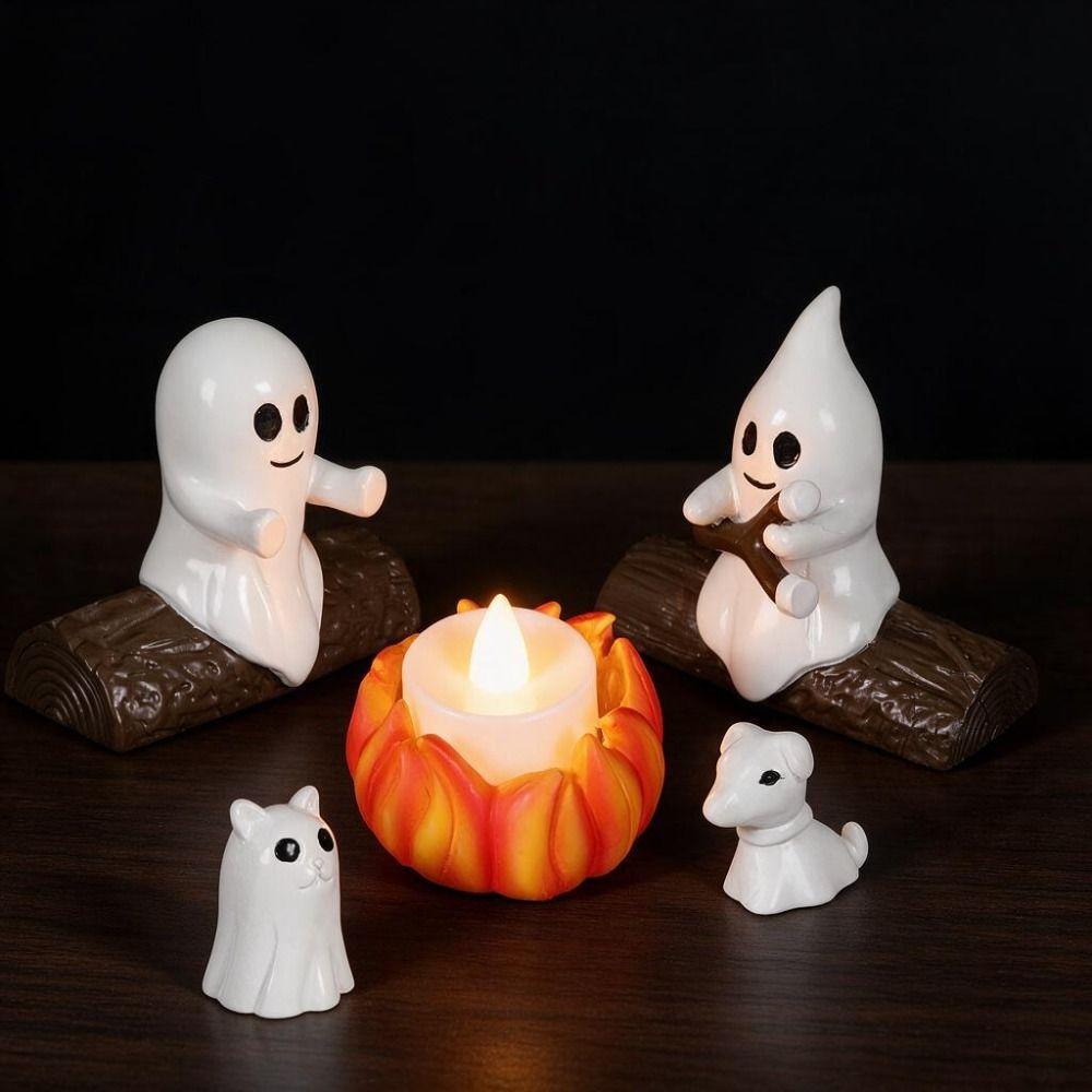 5PCS Resin Halloween Ghost Campfire Dog Cat Statue Cartoon LED Candle Ghost Campfire Gathering Night Light Mini 3D
