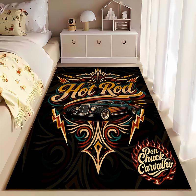 "Hot Rod Themed Carpet with Vintage Car and Flame Design Print" Suitable for use as an anti-slip for living room bedroom sofas