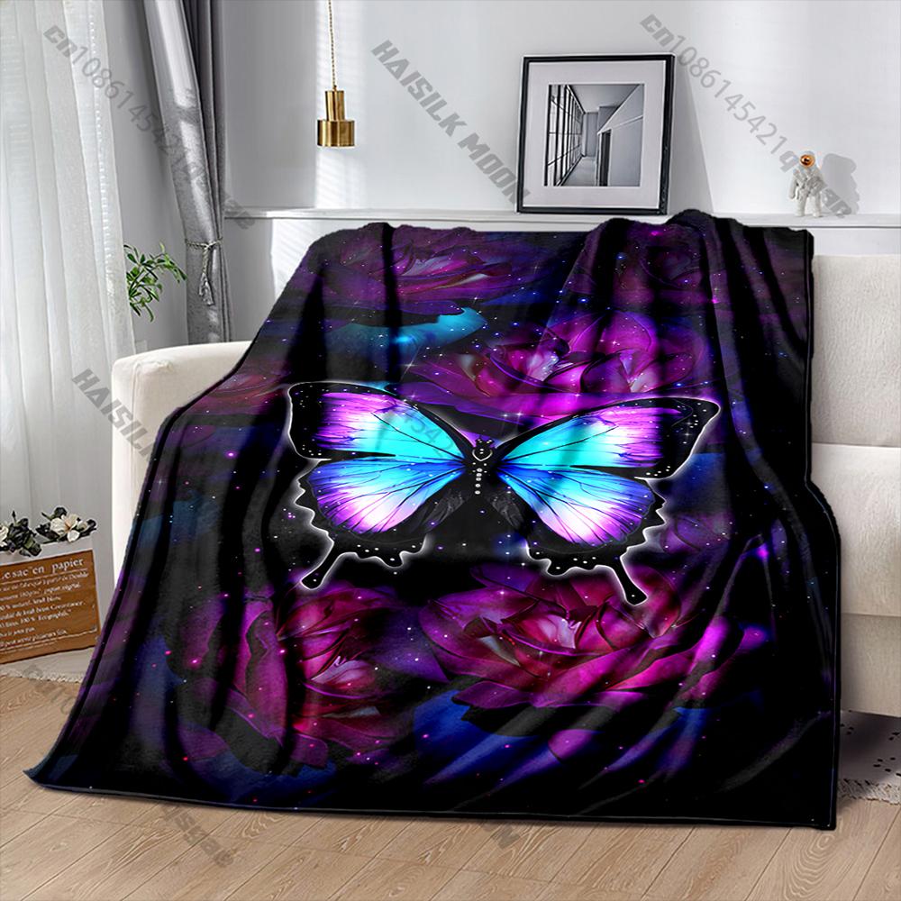 6 Sizes Purple Butterfly and Flower Printed Blanket Warm Soft Home Travel Blanket Sofa Bedding Cover Blankets Gifts for Friends