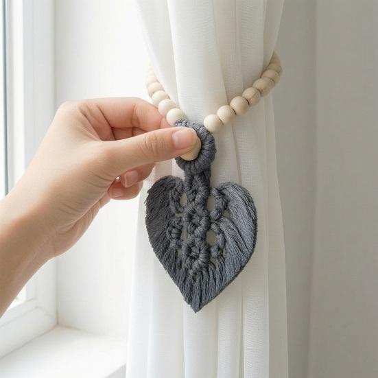 Functional Window Curtain Embellishments Braided Leaf Tieback, Boho Wooden Bead Holder, Textile Decorations Rustic Farmhouse Drapery Holdback