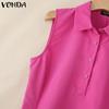 VONDA Women Summer Sleeveless Lapel Neck Buttons Slim Waist Casual Thin Mini Dress
