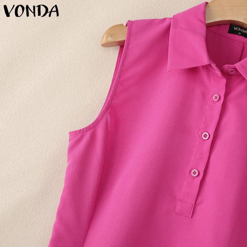 VONDA Women Summer Sleeveless Lapel Neck Buttons Slim Waist Casual Thin Mini Dress