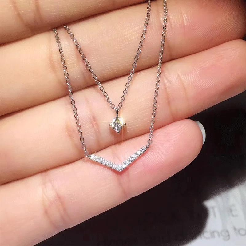 Anziw V Letter 5mm Moissanite Pendant Double Layer Necklace for Women 925 Silver Chain Clavicle New Jewelry Gifts