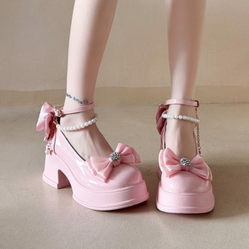 Bow Beaded Women High Heels Shoes Marie Janes Chunky Sandals Designer 2025 Summer Lolita Dress Party New Woman Pumps Zapatos