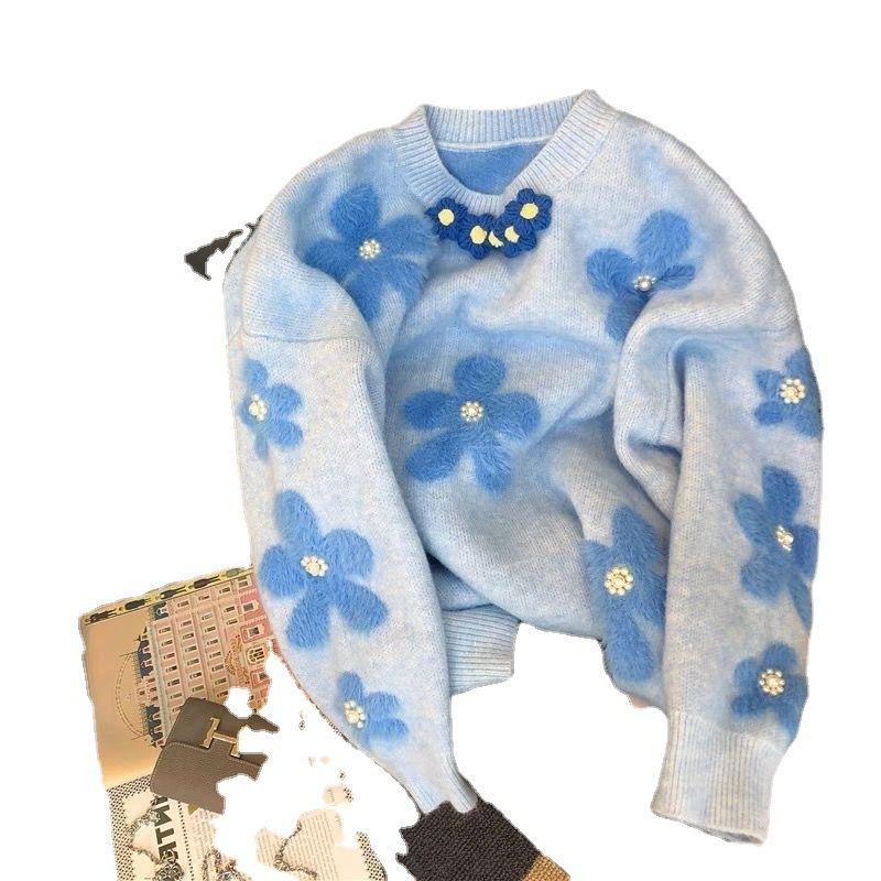 Faux Sable Soft Sweater Female Fall and Winter Fashion Beading Flowers Design Sense Niche Foreign-style Knit Sweater Female Comfortable and Versatile