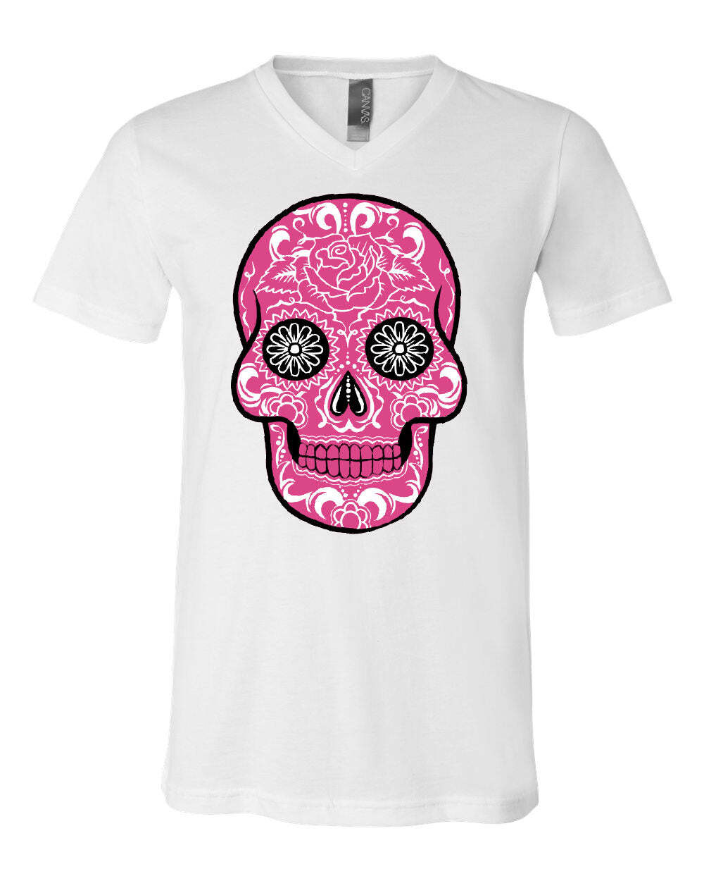 Pink Sugar Skull With Roses V-Neck T-Shirt Day of the Dead S разноцветный