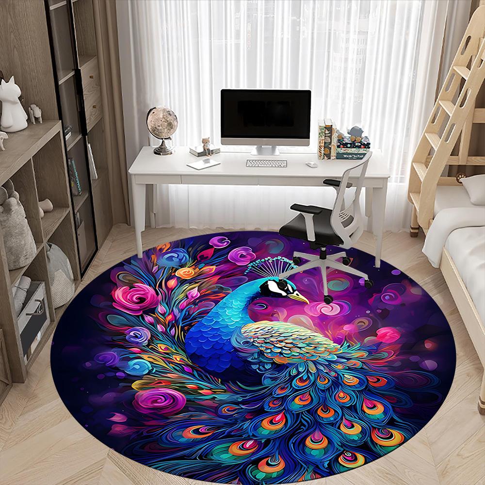 1pc Peacock Flowers Office Round Area Rug, Indoor Mat Suitable ForOffice, Under Office Chairs Bedroom Living Room Home Decor, Room Deco, D066