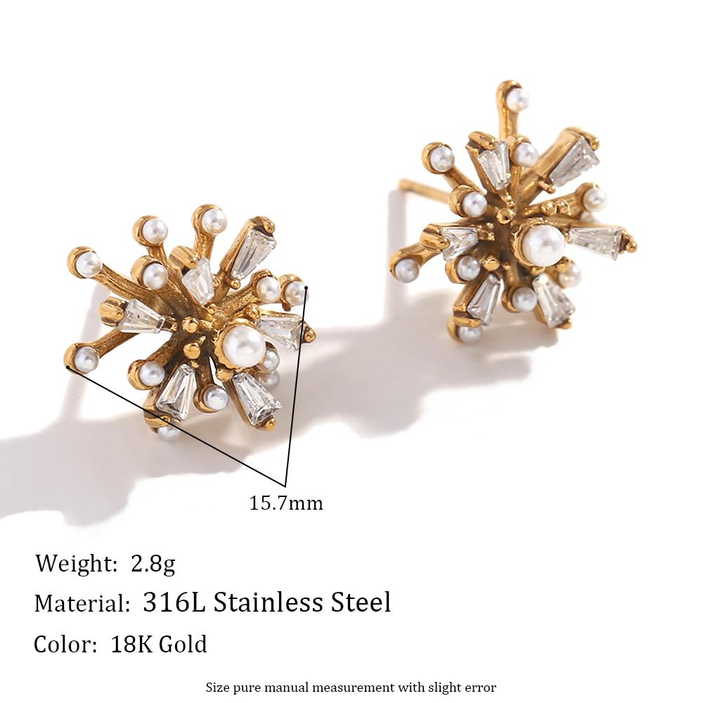 MamacitaSlay Stainless Steel Zircon Pearl Sunflower Stud Earrings New Design Party Waterproof Jewelry Trendy Minimalist Gift