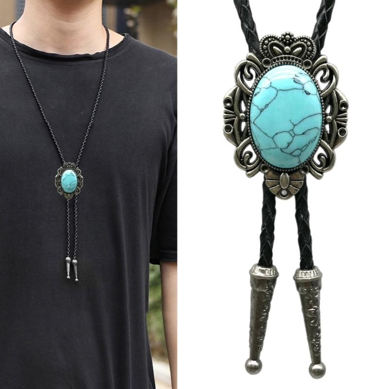 Bolo Tie Necktie Artificial Leather Braided Rope Necklace with Metal Flower Crown Stone Jewelry Cowboy Vintage Neckwear