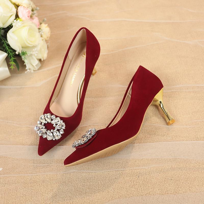 

Весна Новые Туфли на Тонком Каблуке Женская Мода Острый Носок Мелкий Вырез Замша Блестки Противоскользящие Износостойкие Высокие Каблуки 39