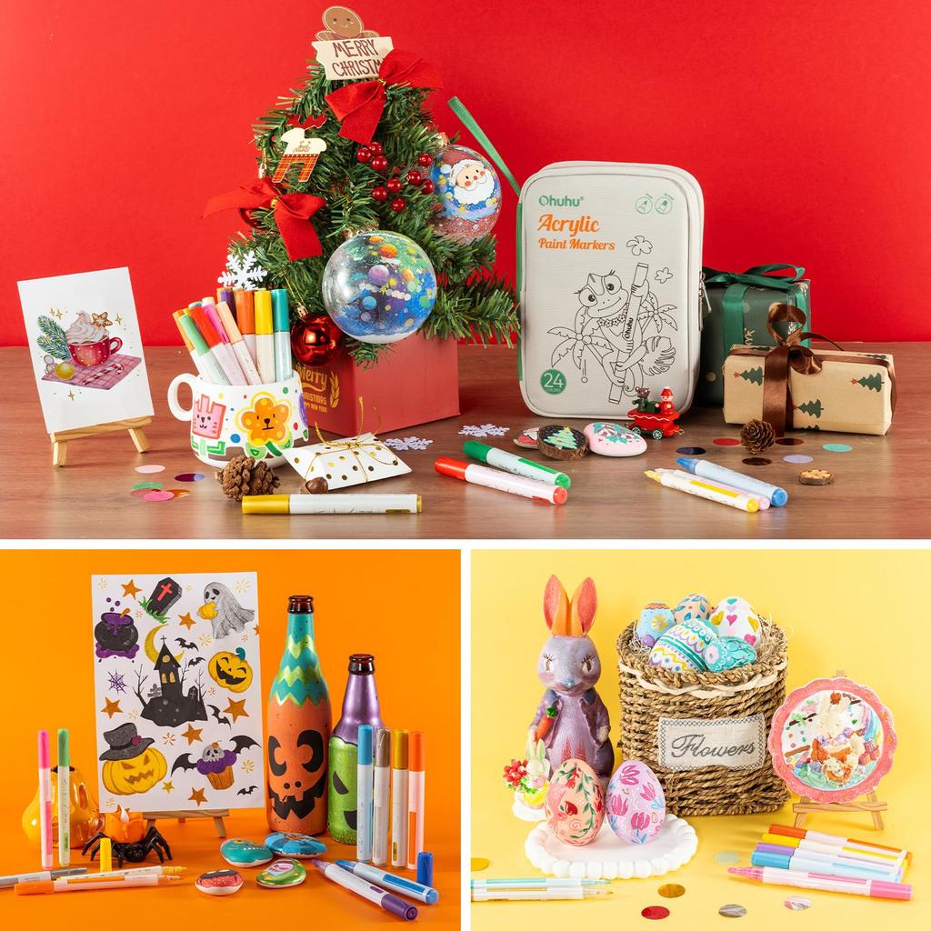 Ohuhu Acrylic Set In 24 Fine Point Medium Point Broad Point Fabric Pens for Gift Markers, 48-Piece Colors, 0.7mm, 1.8-2.5mm, 4mm, Bags, Metal, Stone,