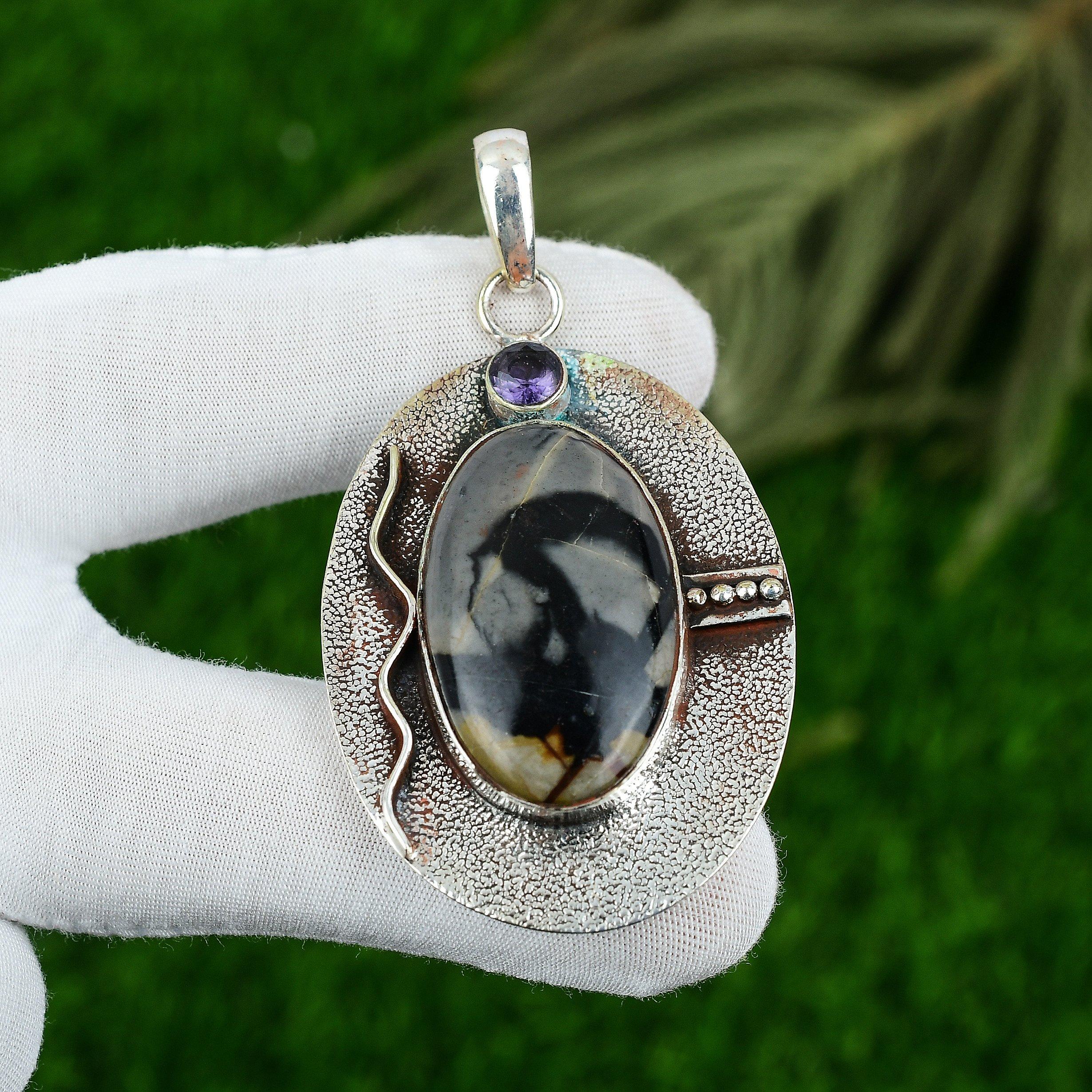 925 Sterling Silver Oval Natural Picasso Jasper Amethyst Bezel Pendant Jewelry