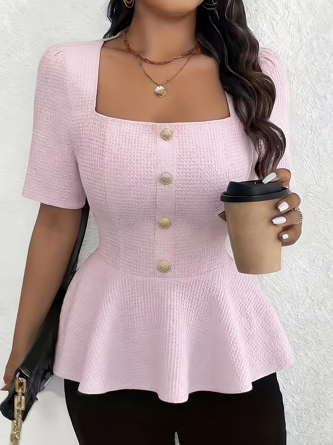 

2026 Plus Size Ruffled Square Neck Top for a Youthful Look 3XL розовый
