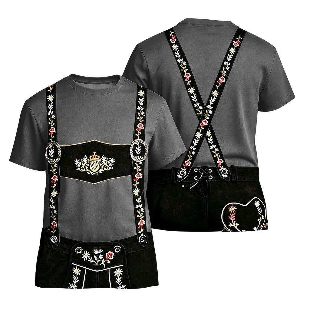 Men's Oktoberfest Short Sleeve T Shirt Vintage Texture Print Loose Fit Casual Summer Daily Wear Top with Embroidered Suspenders Design
