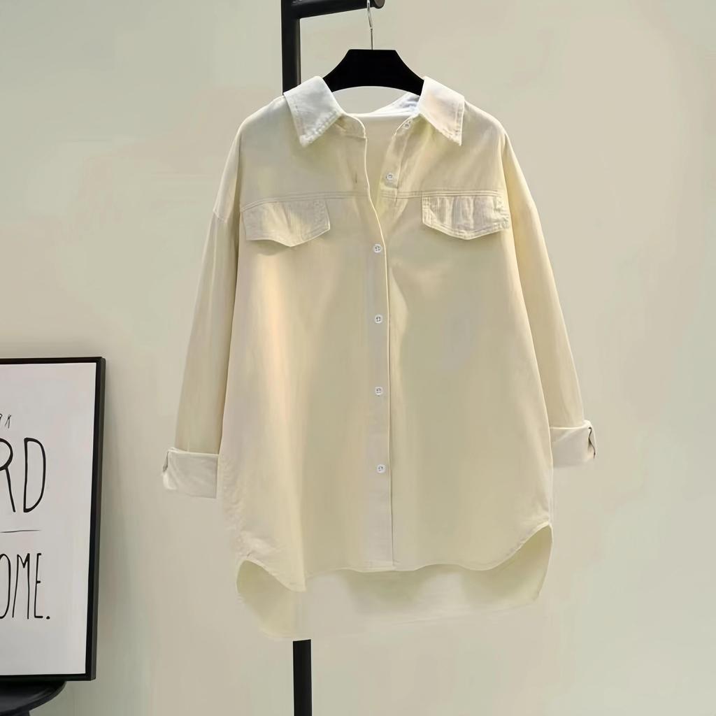 Women's Spring Solid Color Shirt Corduroy Shirt Double Pocket Thick Shirt Cardigan Button Polo Collar Long Sleeve Tops